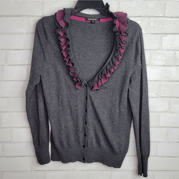 Foxcroft Gray Pink Ruffle Collar Cardigan - Picture 1 of 4
